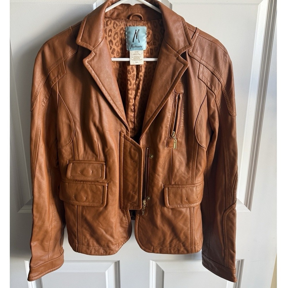 Marciano by Guess Genuine Leather Jacket Women's M Cognac Brown Multi-Pocket